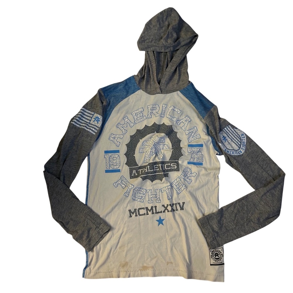 American Fighter Buckle Athletics Hooded Long Sleeve Shirt Blue Grey Mens Small